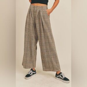 Sage Wide Leg Plaid Pants - Brown
